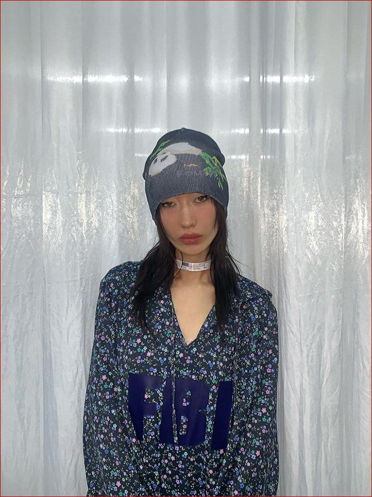 FOURFORTY Panda Printed Women's Ultra Soft Chunky Knitted Yarn Cozy Beanies