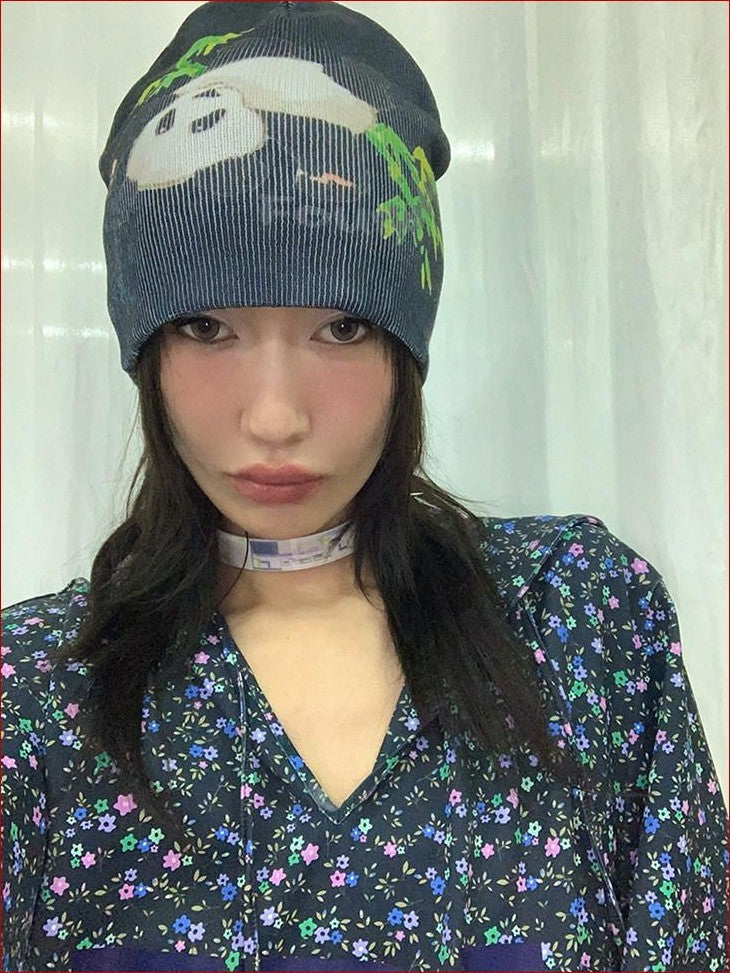 FOURFORTY Panda Printed Women's Ultra Soft Chunky Knitted Yarn Cozy Beanies