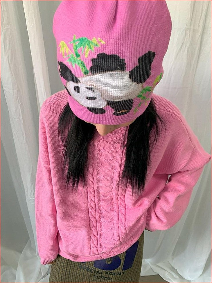 FOURFORTY Panda Printed Women's Ultra Soft Chunky Knitted Yarn Cozy Beanies