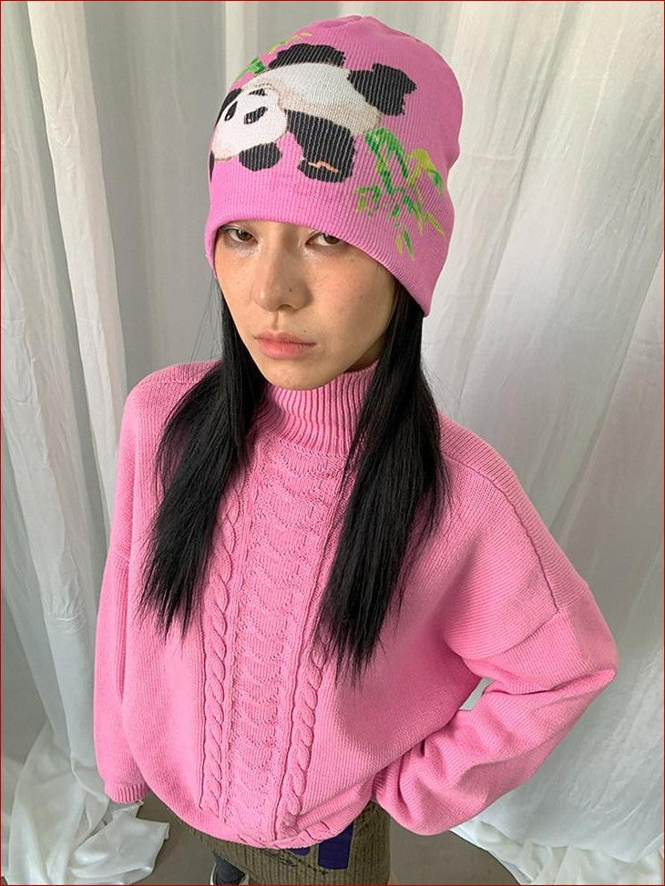 FOURFORTY Panda Printed Women's Ultra Soft Chunky Knitted Yarn Cozy Beanies