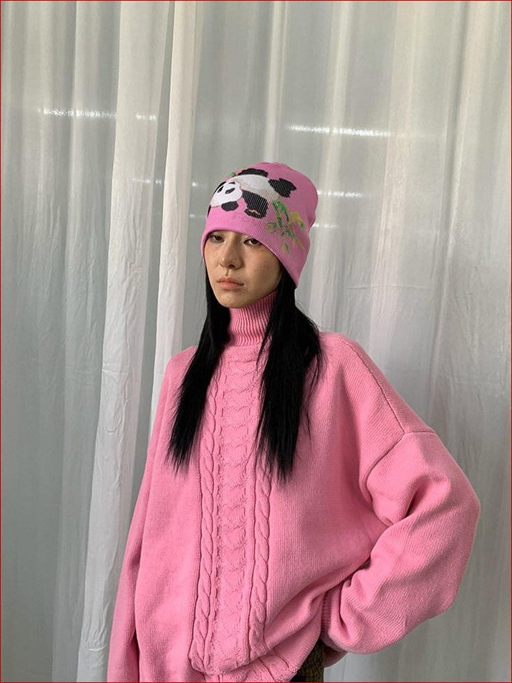 FOURFORTY Panda Printed Women's Ultra Soft Chunky Knitted Yarn Cozy Beanies