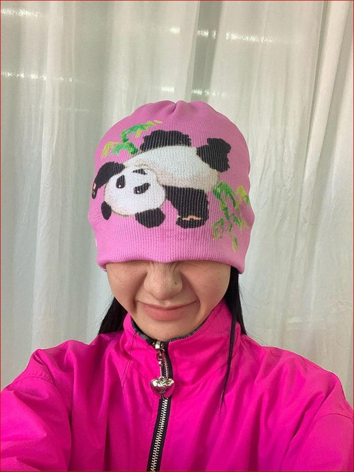 FOURFORTY Panda Printed Women's Ultra Soft Chunky Knitted Yarn Cozy Beanies