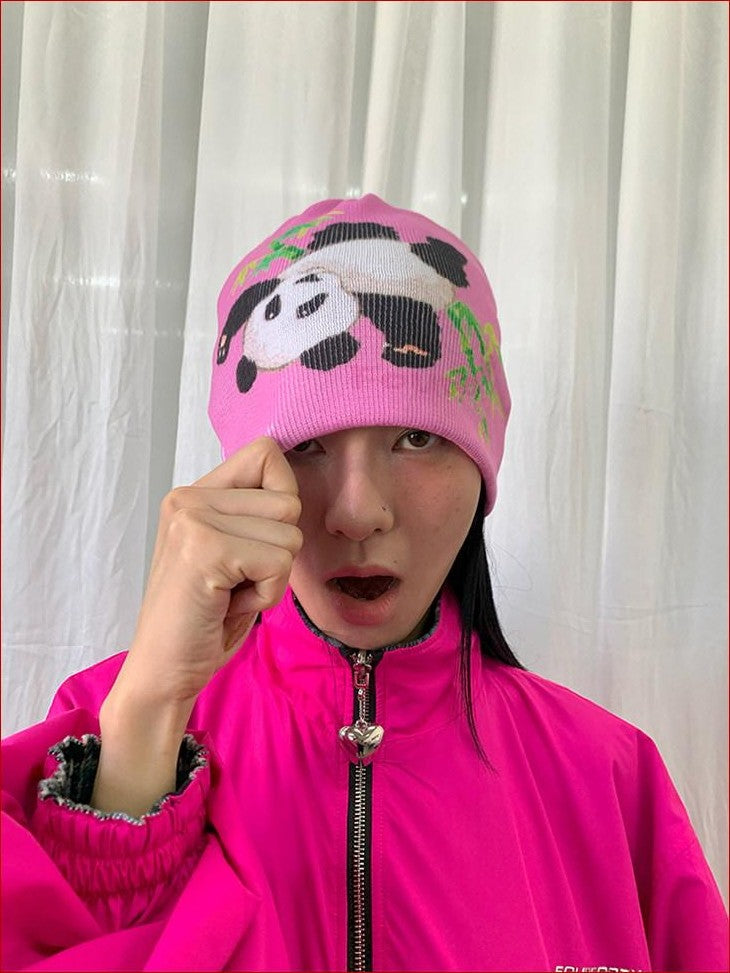 FOURFORTY Panda Printed Women's Ultra Soft Chunky Knitted Yarn Cozy Beanies