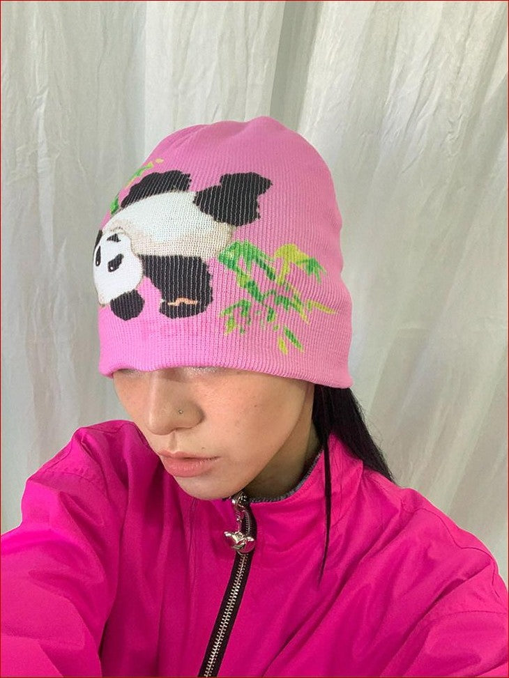 FOURFORTY Panda Printed Women's Ultra Soft Chunky Knitted Yarn Cozy Beanies