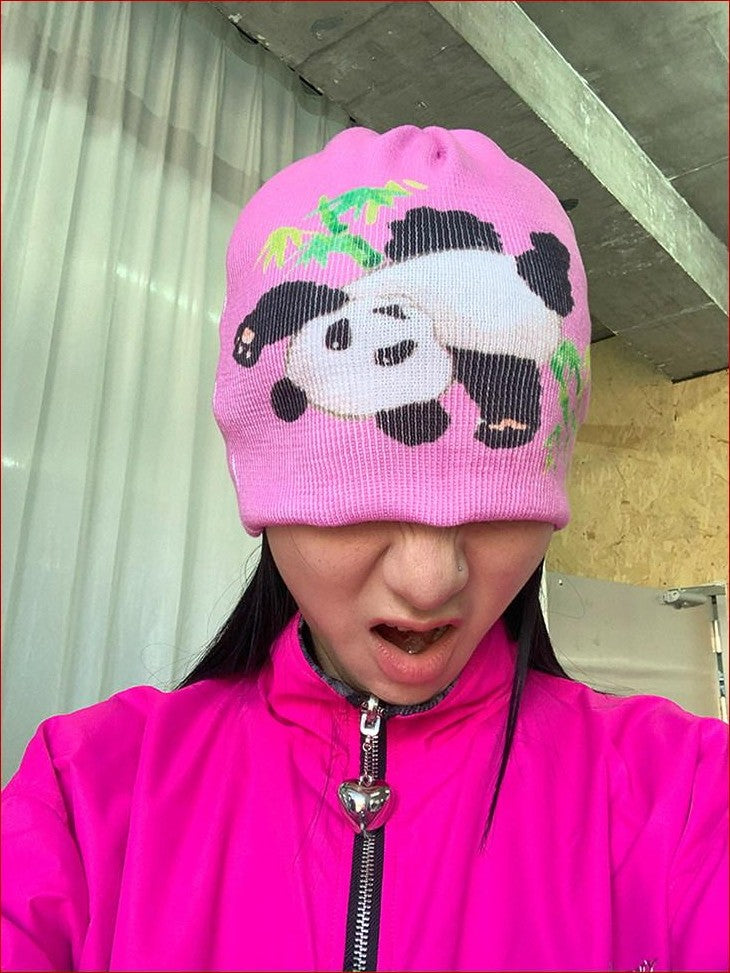 FOURFORTY Panda Printed Women's Ultra Soft Chunky Knitted Yarn Cozy Beanies