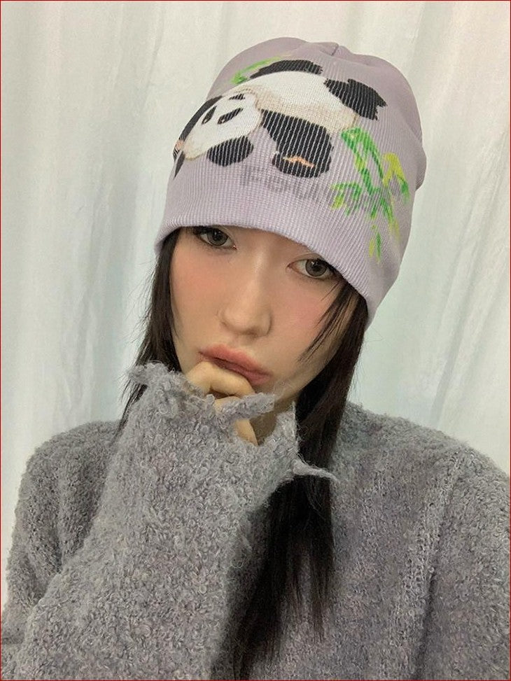 FOURFORTY Panda Printed Women's Ultra Soft Chunky Knitted Yarn Cozy Beanies