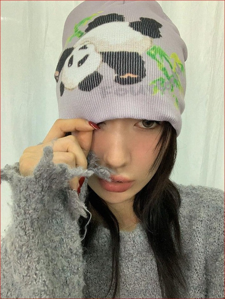 FOURFORTY Panda Printed Women's Ultra Soft Chunky Knitted Yarn Cozy Beanies