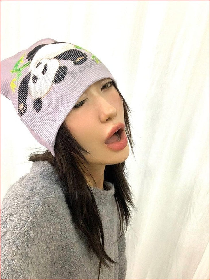 FOURFORTY Panda Printed Women's Ultra Soft Chunky Knitted Yarn Cozy Beanies