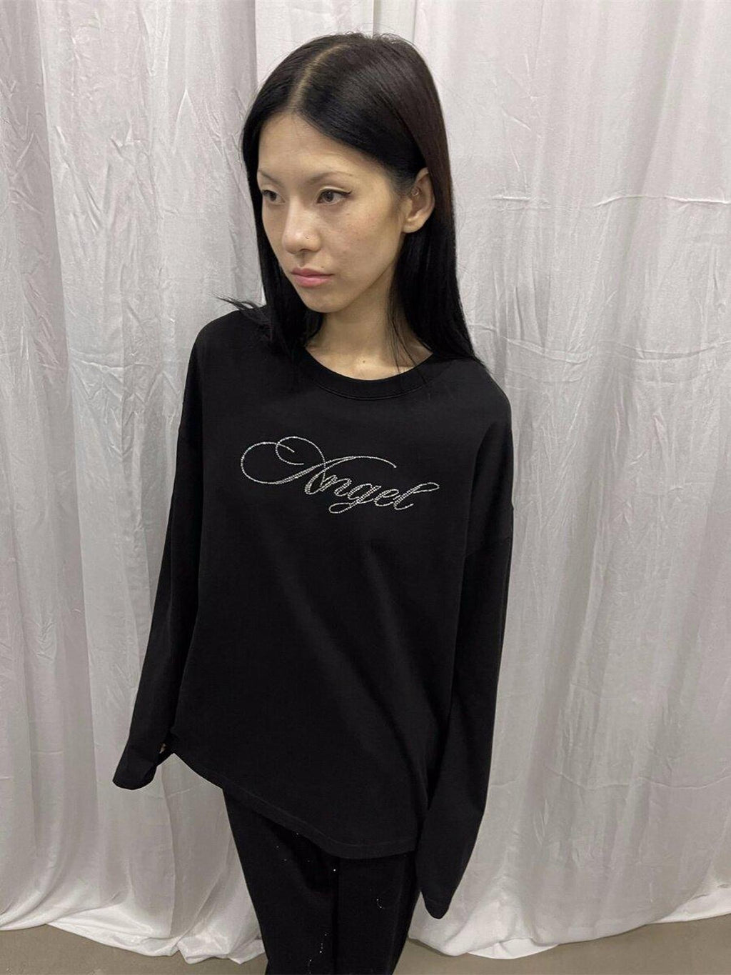 FOURFORTY Pink Water Reveal Rhinestone Angel Devil Print Women's Long Sleeve T-shirts
