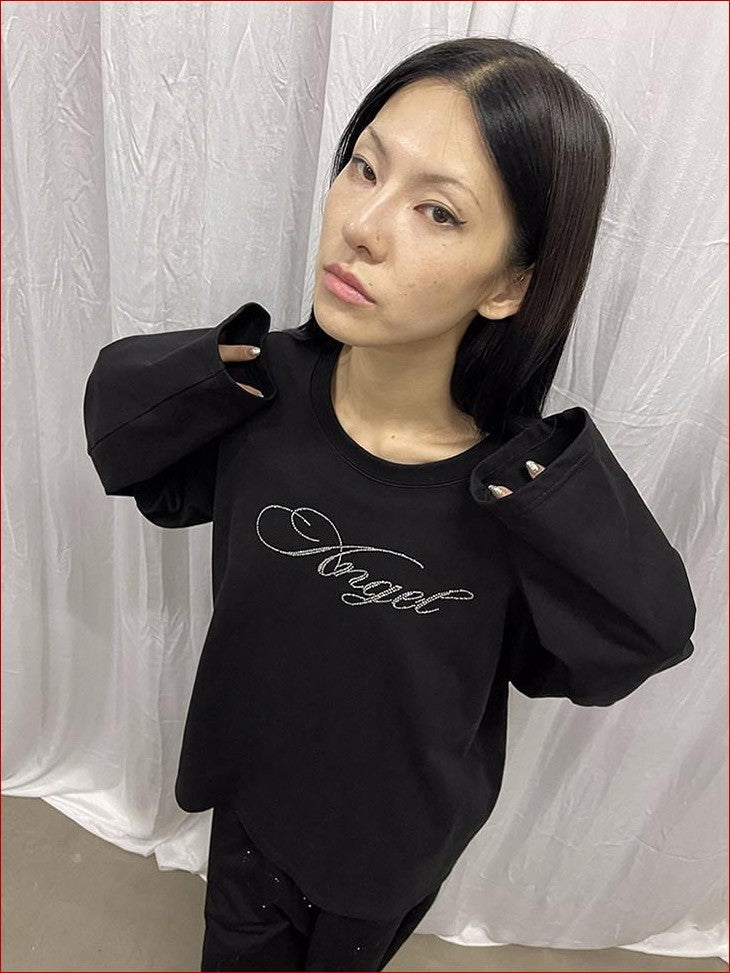 FOURFORTY Pink Water Reveal Rhinestone Angel Devil Print Women's Long Sleeve T-shirts