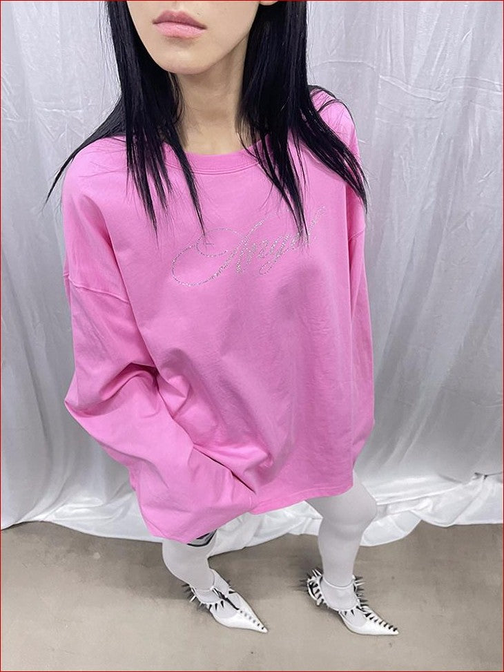 FOURFORTY Pink Water Reveal Rhinestone Angel Devil Print Women's Long Sleeve T-shirts