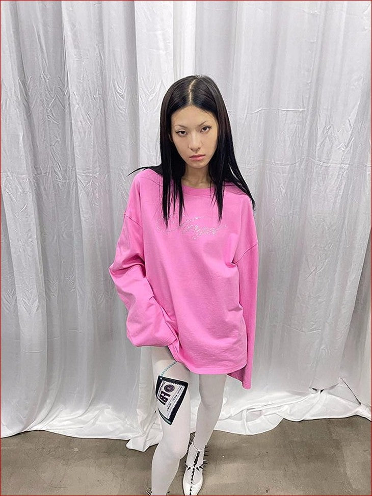 FOURFORTY Pink Water Reveal Rhinestone Angel Devil Print Women's Long Sleeve T-shirts