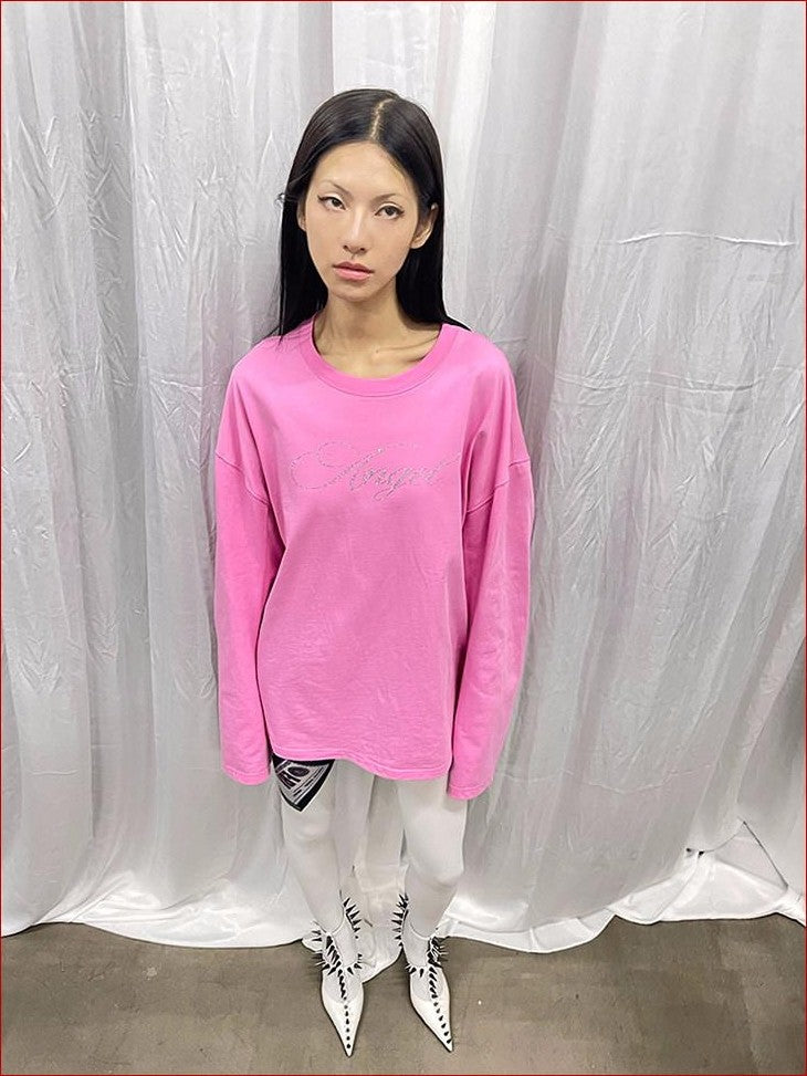 FOURFORTY Pink Water Reveal Rhinestone Angel Devil Print Women's Long Sleeve T-shirts