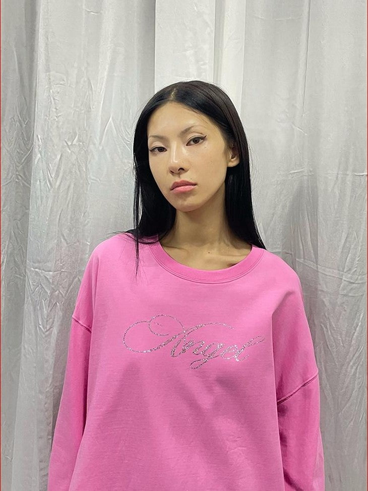 FOURFORTY Pink Water Reveal Rhinestone Angel Devil Print Women's Long Sleeve T-shirts