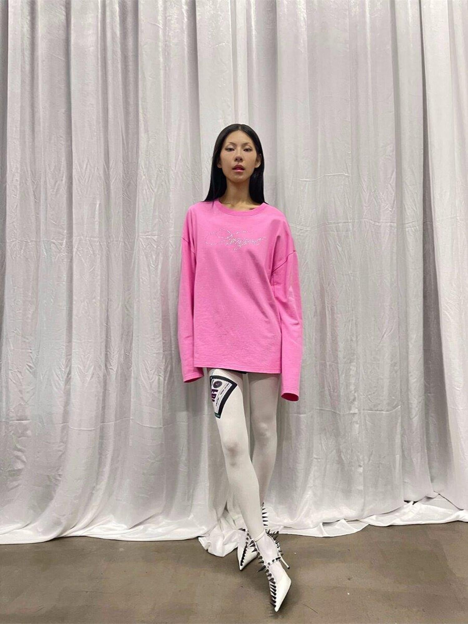FOURFORTY Pink Water Reveal Rhinestone Angel Devil Print Women's Long Sleeve T-shirts