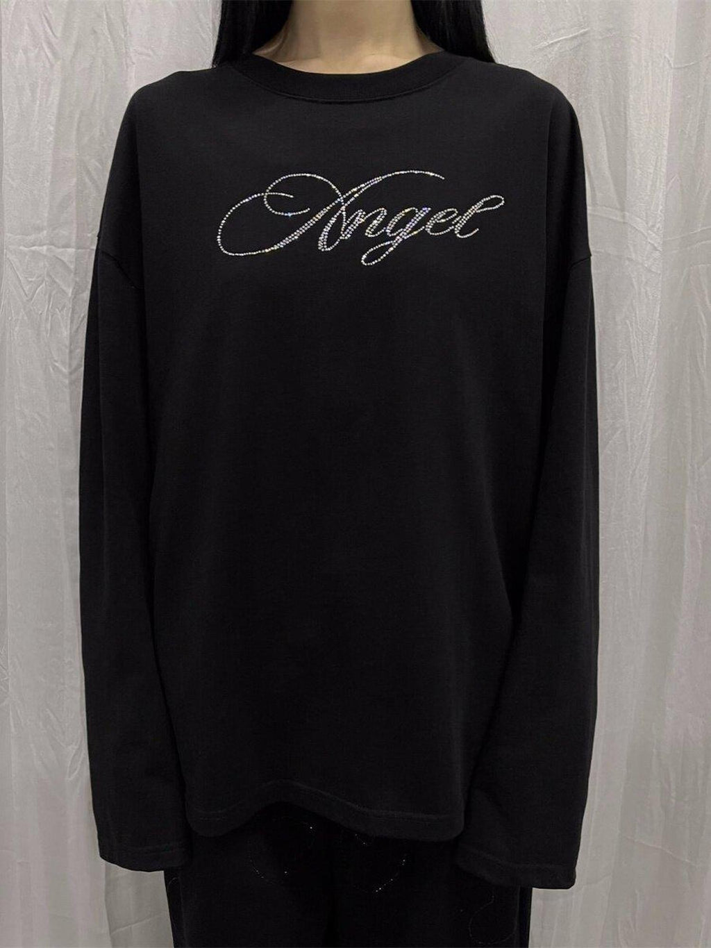 FOURFORTY Pink Water Reveal Rhinestone Angel Devil Print Women's Long Sleeve T-shirts