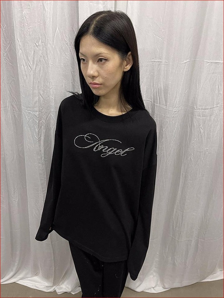 FOURFORTY Pink Water Reveal Rhinestone Angel Devil Print Women's Long Sleeve T-shirts