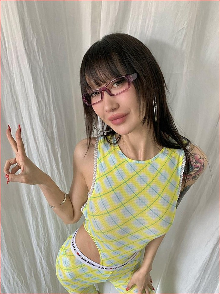 FOURFORTY Plaid Backless Mesh Women's Polyester Spandex Halter One-piece Swimsuits