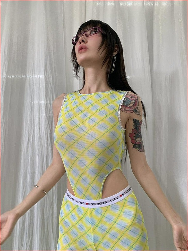 FOURFORTY Plaid Backless Mesh Women's Polyester Spandex Halter One-piece Swimsuits