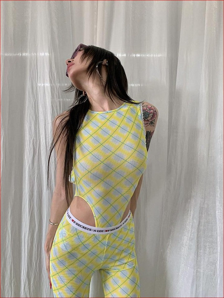FOURFORTY Plaid Backless Mesh Women's Polyester Spandex Halter One-piece Swimsuits
