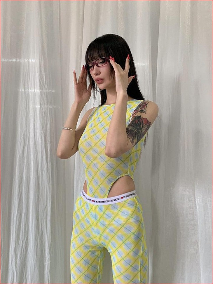 FOURFORTY Plaid Backless Mesh Women's Polyester Spandex Halter One-piece Swimsuits