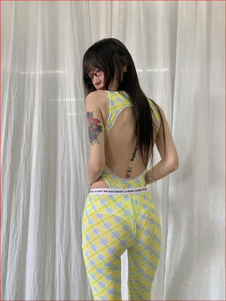 FOURFORTY Plaid Backless Mesh Women's Polyester Spandex Halter One-piece Swimsuits