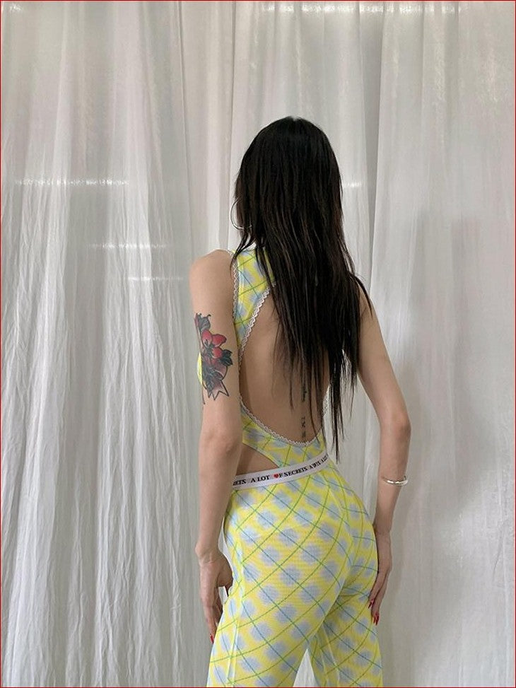 FOURFORTY Plaid Backless Mesh Women's Polyester Spandex Halter One-piece Swimsuits