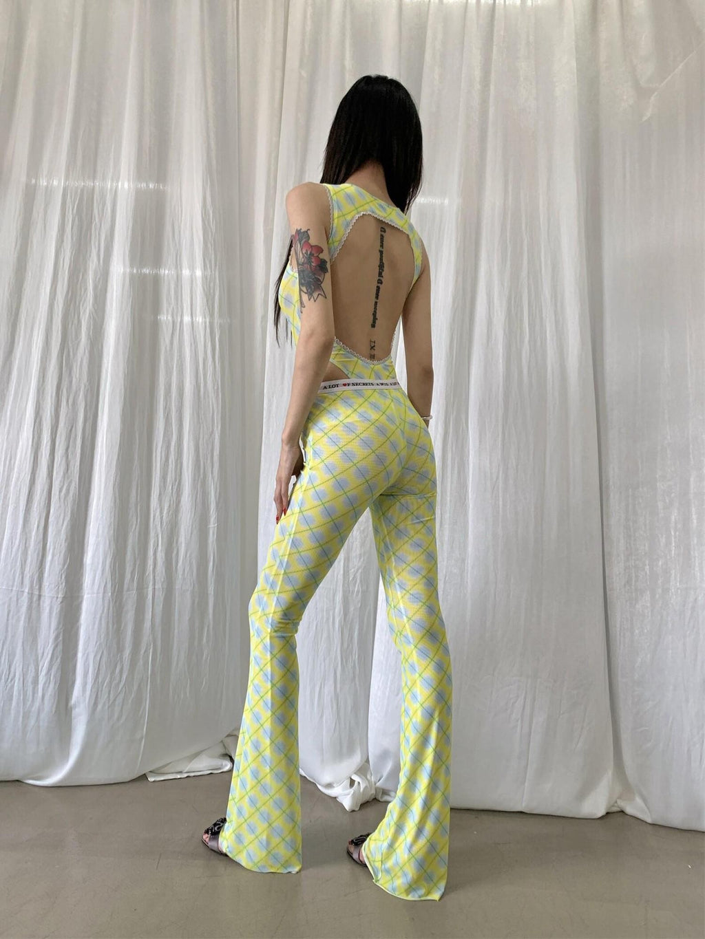 FOURFORTY Plaid Backless Mesh Women's Polyester Spandex Halter One-piece Swimsuits