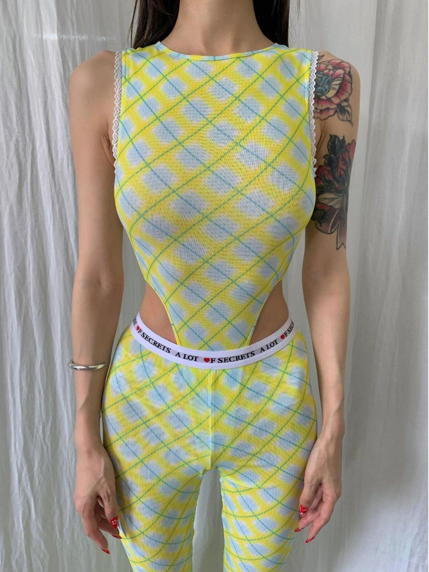 FOURFORTY Plaid Backless Mesh Women's Polyester Spandex Halter One-piece Swimsuits