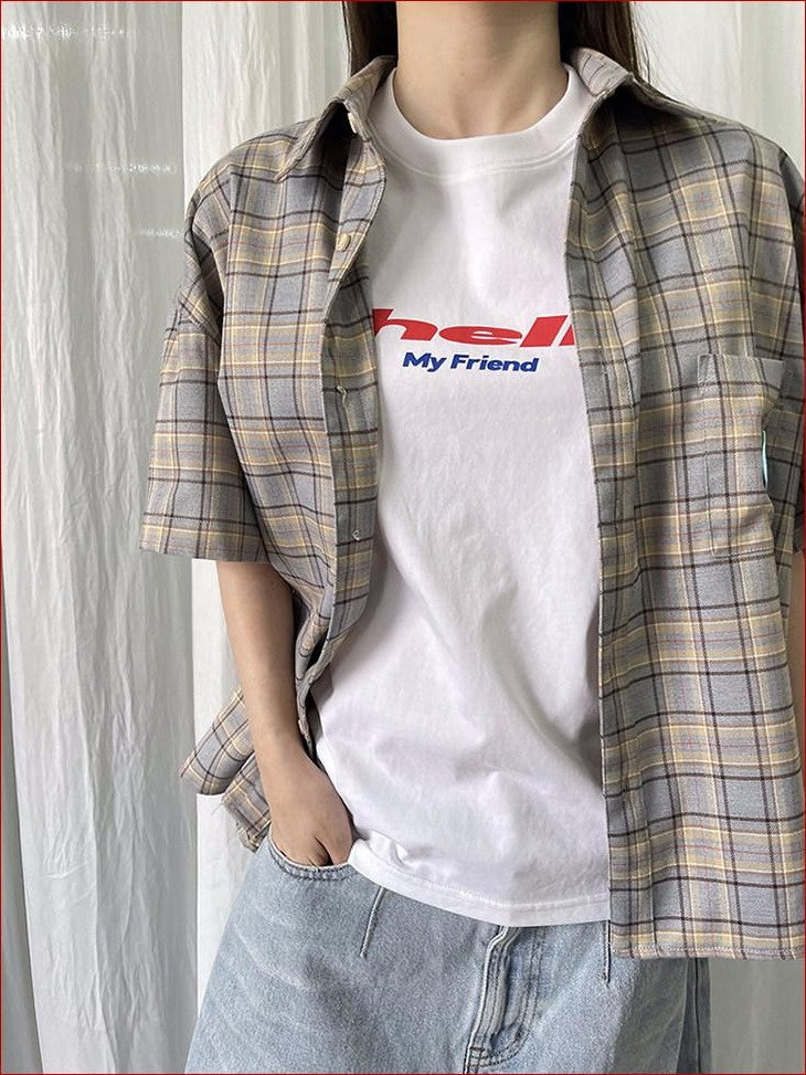 FOURFORTY Plaid Elephant Label Polo Collar Women's Polyester Short Sleeve T-shirts
