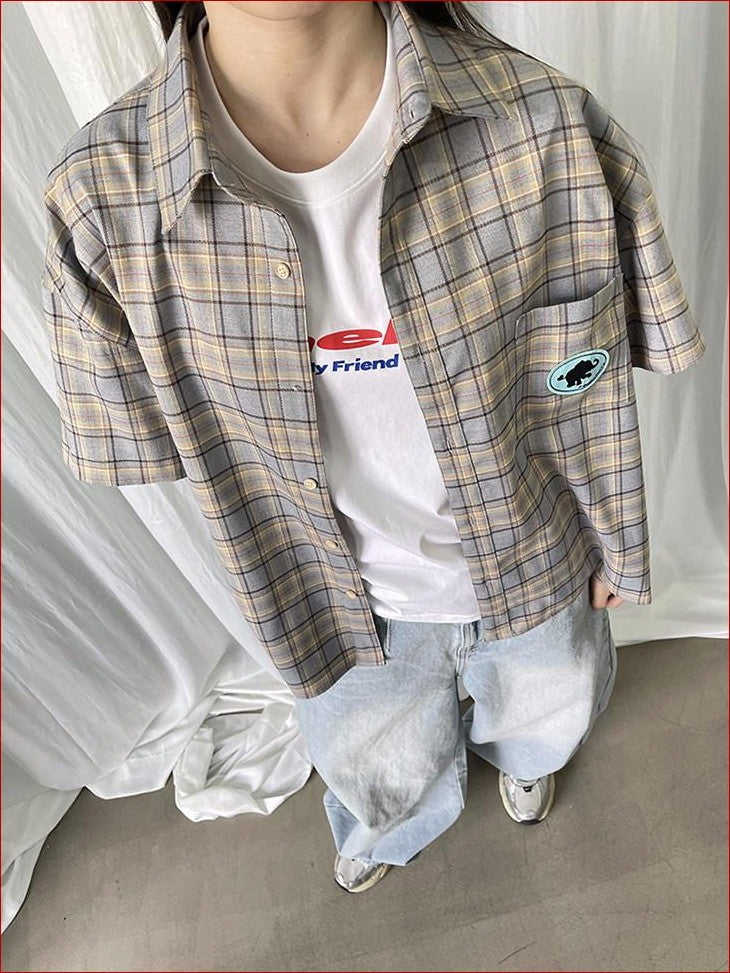 FOURFORTY Plaid Elephant Label Polo Collar Women's Polyester Short Sleeve T-shirts