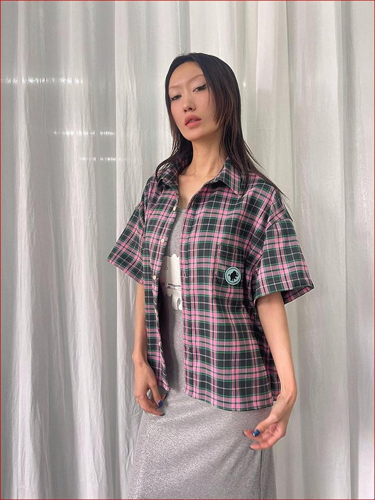 FOURFORTY Plaid Elephant Label Polo Collar Women's Polyester Short Sleeve T-shirts