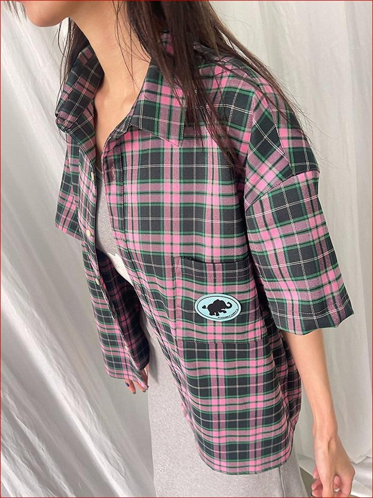 FOURFORTY Plaid Elephant Label Polo Collar Women's Polyester Short Sleeve T-shirts
