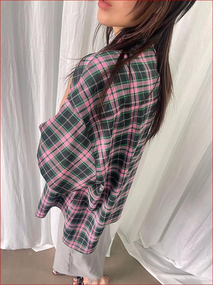 FOURFORTY Plaid Elephant Label Polo Collar Women's Polyester Short Sleeve T-shirts