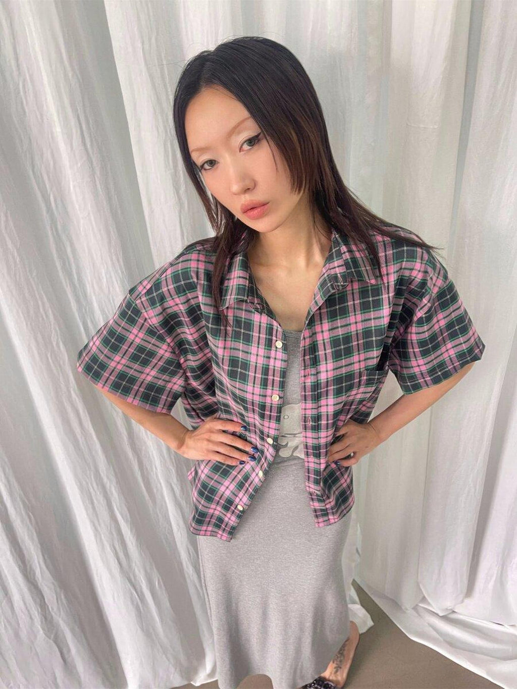 FOURFORTY Plaid Elephant Label Polo Collar Women's Polyester Short Sleeve T-shirts