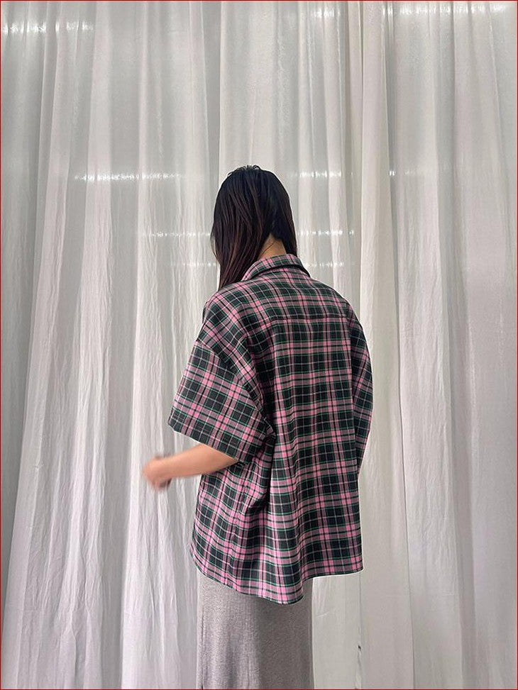 FOURFORTY Plaid Elephant Label Polo Collar Women's Polyester Short Sleeve T-shirts