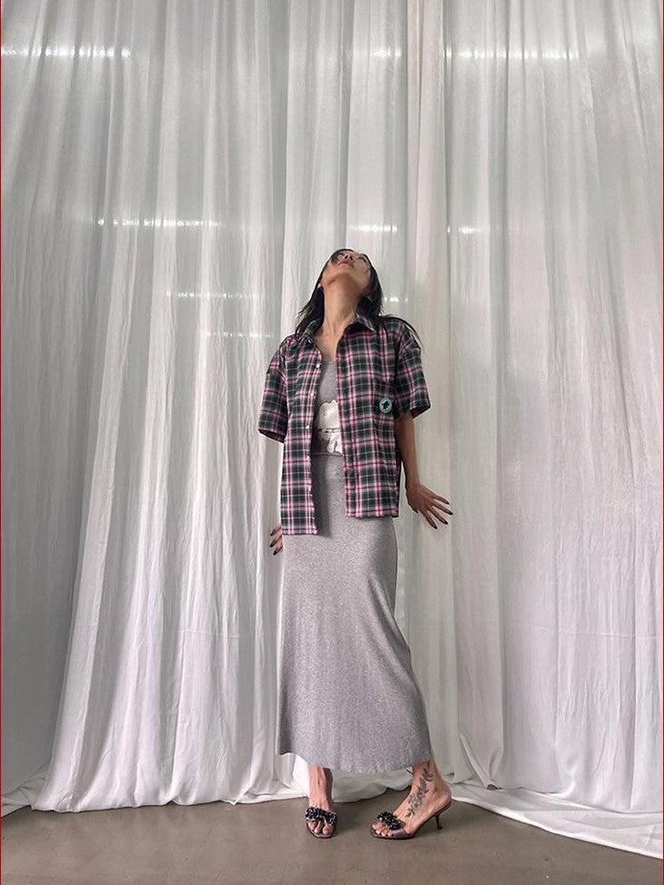 FOURFORTY Plaid Elephant Label Polo Collar Women's Polyester Short Sleeve T-shirts