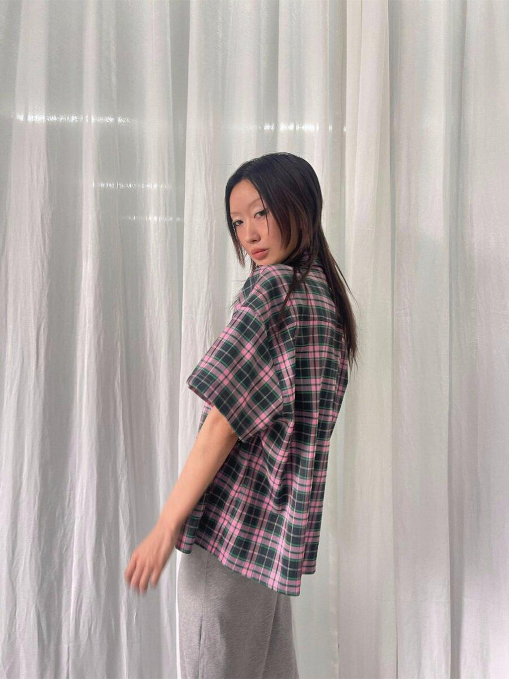 FOURFORTY Plaid Elephant Label Polo Collar Women's Polyester Short Sleeve T-shirts