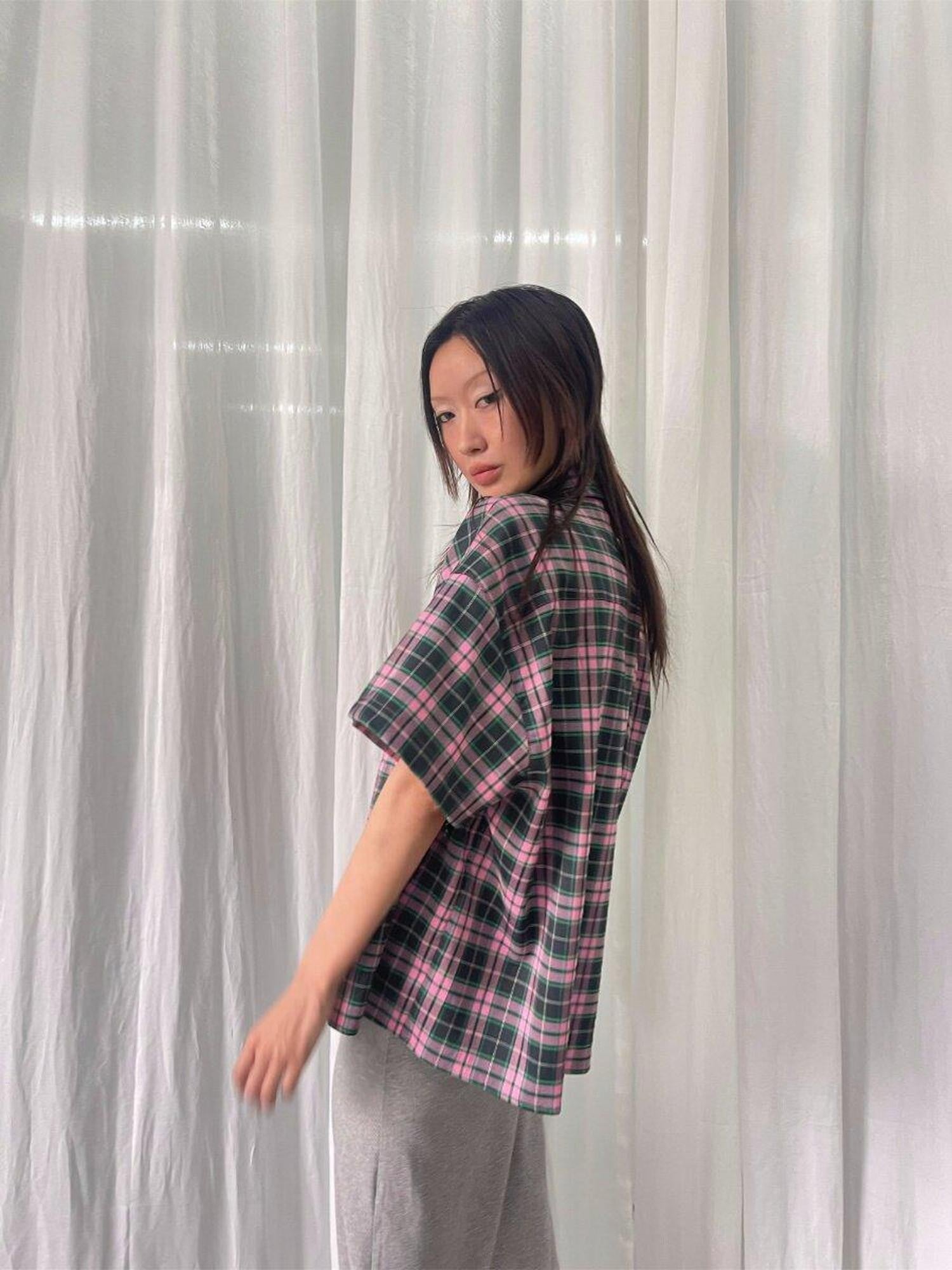 FOURFORTY Plaid Elephant Label Polo Collar Women's Polyester Short Sleeve T-shirts