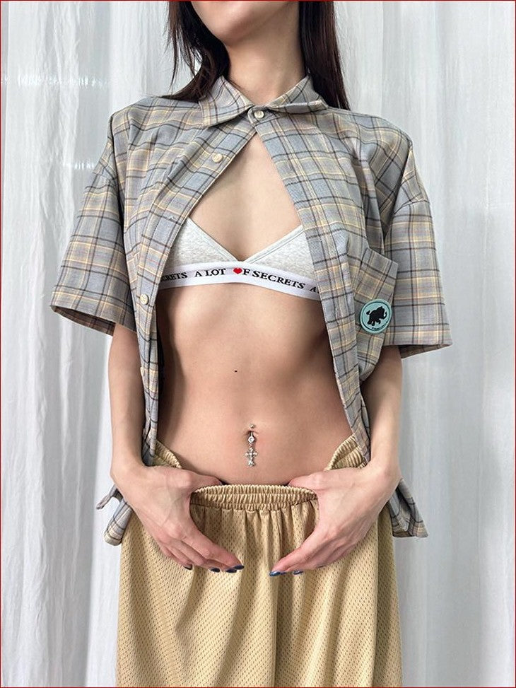 FOURFORTY Plaid Elephant Label Polo Collar Women's Polyester Short Sleeve T-shirts
