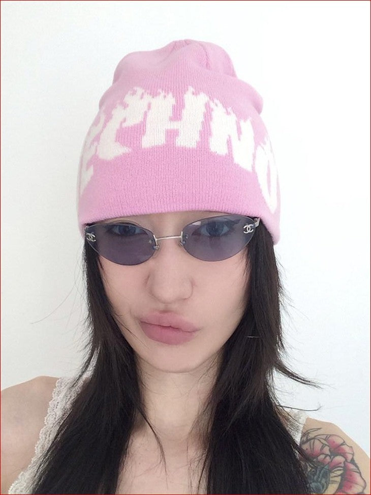 FOURFORTY Playful Flame Graphic Punk Edgy Dance Women's Ribbed Knit Beanies