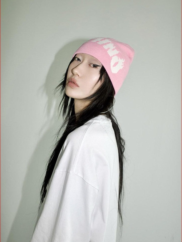 FOURFORTY Playful Flame Graphic Punk Edgy Dance Women's Ribbed Knit Beanies