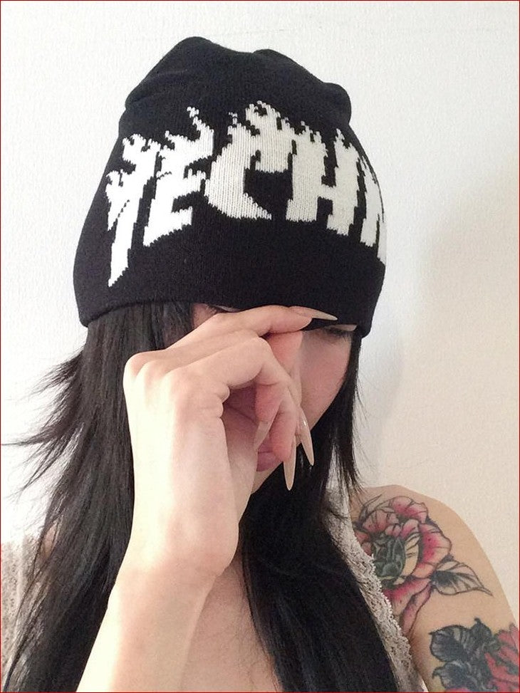 FOURFORTY Playful Flame Graphic Punk Edgy Dance Women's Ribbed Knit Beanies