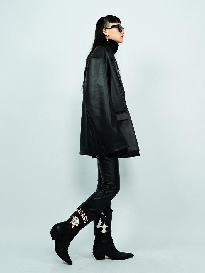 FOURFORTY Pointed Toe High Shaft Chelsea Chunky Heel Women's Cowhide Western Boots