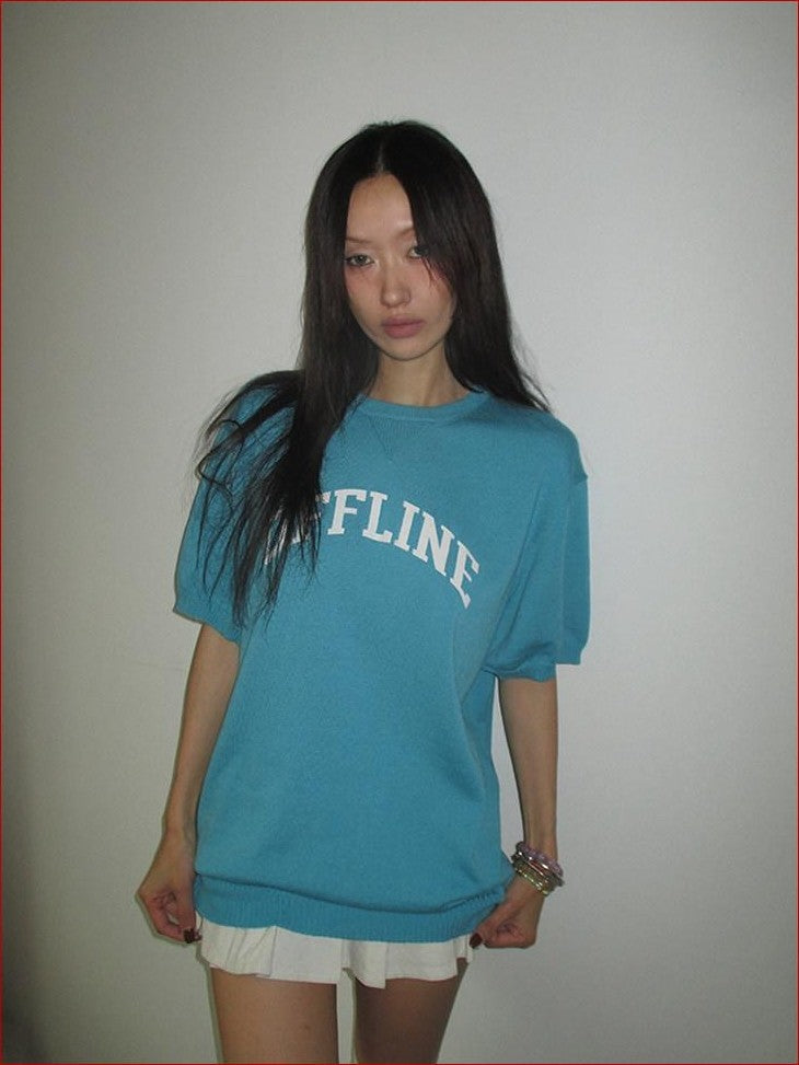 FOURFORTY Preppy Thin Sweater Knit Women's Lightweight Knit Short Sleeve T-shirts