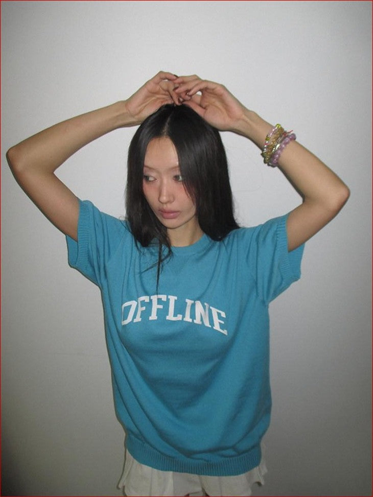 FOURFORTY Preppy Thin Sweater Knit Women's Lightweight Knit Short Sleeve T-shirts