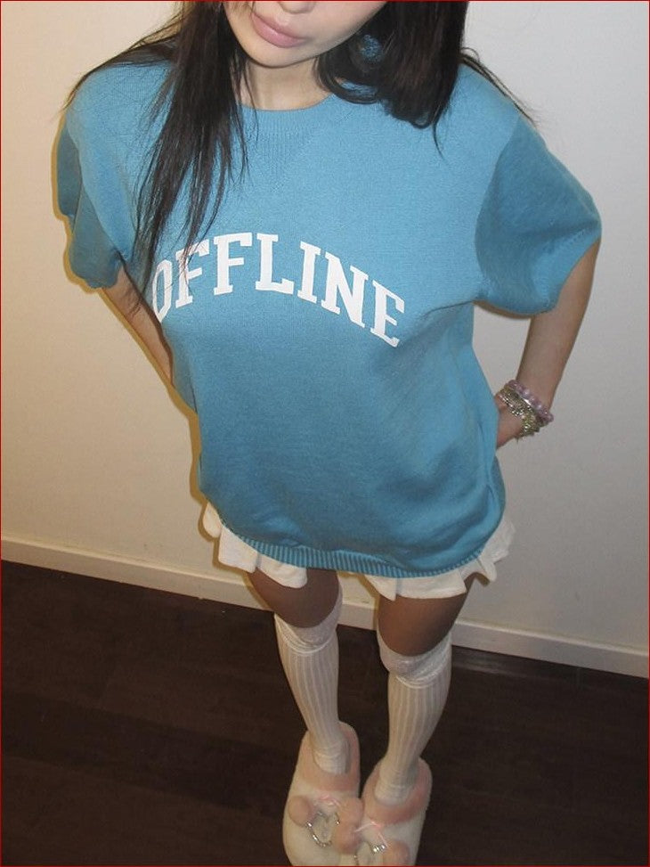 FOURFORTY Preppy Thin Sweater Knit Women's Lightweight Knit Short Sleeve T-shirts
