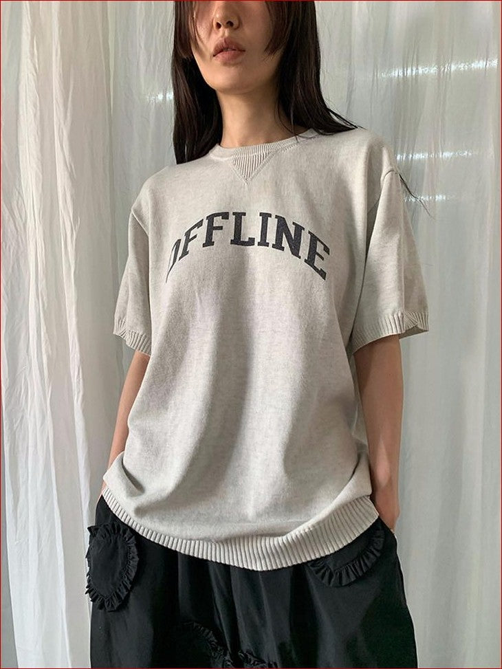 FOURFORTY Preppy Thin Sweater Knit Women's Lightweight Knit Short Sleeve T-shirts