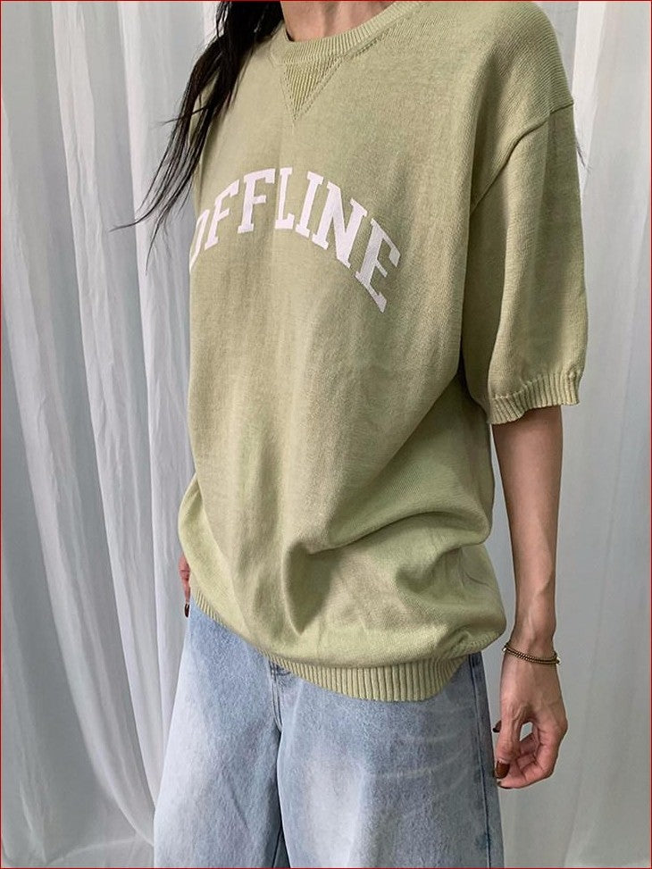 FOURFORTY Preppy Thin Sweater Knit Women's Lightweight Knit Short Sleeve T-shirts