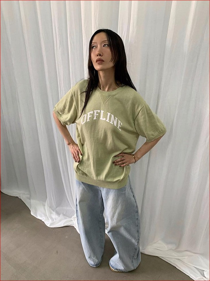 FOURFORTY Preppy Thin Sweater Knit Women's Lightweight Knit Short Sleeve T-shirts